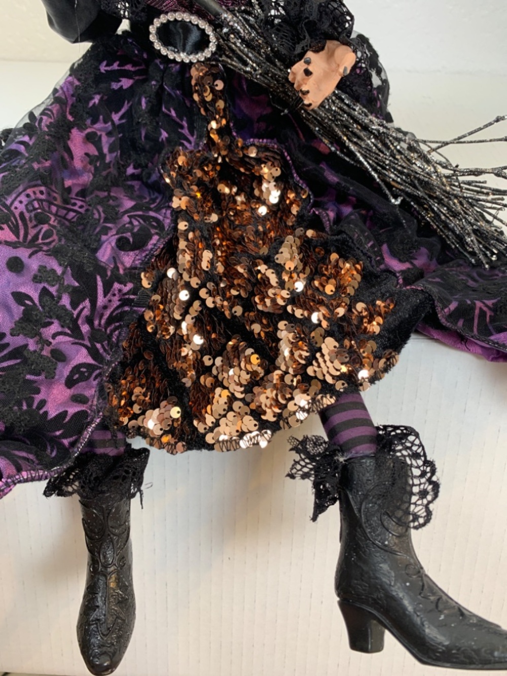 Spooky Old Witch With Broom Doll Shelf Sitter Purple Black Halloween Scary Decor - Picture 10 of 16